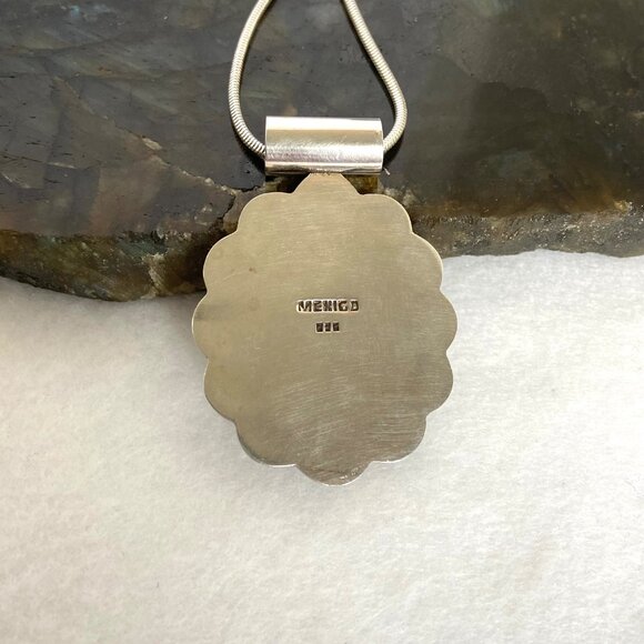 Sterling Silver 925 Mexico Large Oval Faux Turquoise Floral Pendant Necklace - Picture 13 of 16